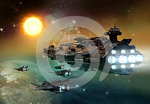 Space ship with fighters 3D illustration