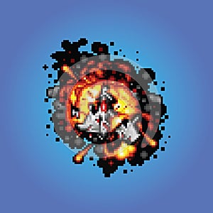 Space ship on fire pixel art style illustration