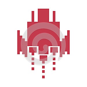 Space ship flying 8 bits pixelated silhouette