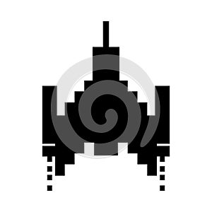 Space ship flying 8 bits pixelated silhouette