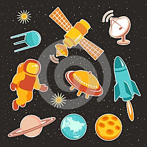 Space ship icons with planets rockets and astronaut