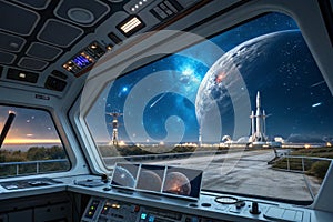 Space ship interior with futuristic shuttle view photo