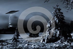 Space-ship landing in cold winter landscape