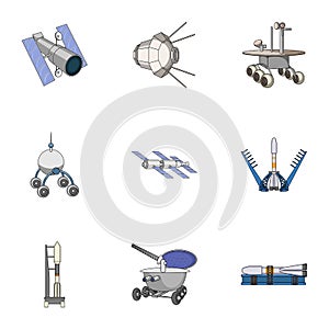 Space ship, Lunokhod, spacesuit and other equipment. Space technology set collection icons in cartoon style vector