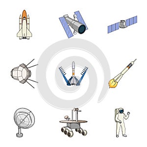 Space ship, Lunokhod, spacesuit and other equipment. Space technology set collection icons in cartoon style vector