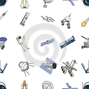 Space ship, Lunokhod, spacesuit and other equipment. Space technology set collection icons in cartoon style vector