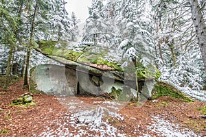 Space ship rock near Thurmansbang megalith granite rock formation in winter in bavarian forest, Germany