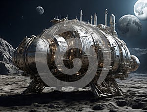 a space ship is shown on the surface of the moon Moon Module A DieselPunk Odyssey in Chrome