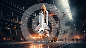 Space shuttle in assembly shop of factory at night, rocket before start, fiction view of aerospace plant interior. Concept of