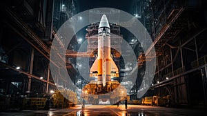 Space shuttle is in assembly shop of plant at night, rocket before start, fantasy view of aerospace factory. Concept of travel,