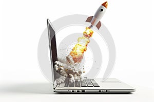 The space shuttle begins takeoff from a laptop on a white background. 3d illustration