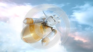 Space Shuttle Flying Over The Clouds. 3d rendering