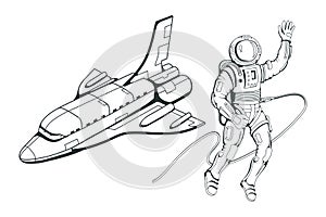 Space shuttle. Hand drawn spaceship. Space travel through the Galaxy. Astronaut with helmet.
