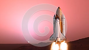 Space shuttle launch animation from Mars planet surface. Elements provided by NASA images