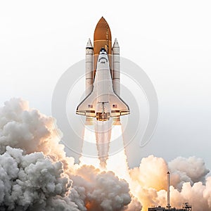 Space shuttle launch ascending through clouds