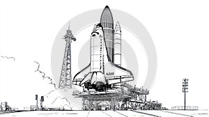 Space Shuttle Launchpad with Rocket and Tower, Dramatic Atmosphere