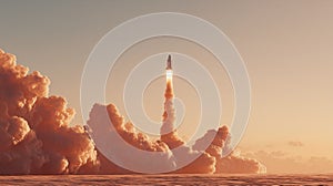 Space shuttle launch through sunset clouds.