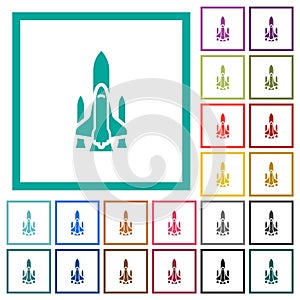 Space shuttle with launchers flat color icons with quadrant frames