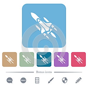 Space shuttle with launchers flat icons on color rounded square backgrounds
