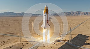 Space shuttle launching in arid desert environment. The shuttle, with an orange