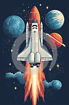 Space Shuttle Launching Through Cosmos Planets Stars