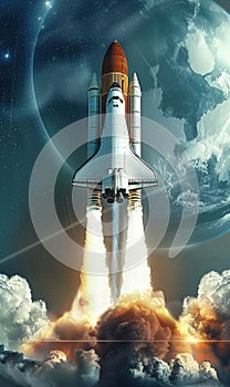 space shuttle launching, spaceship taking off, discovery and exploration concept