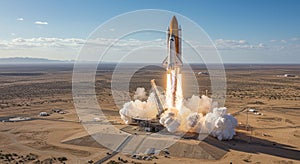 A space shuttle is launching vertically from a desert-based launch pad. Flames and