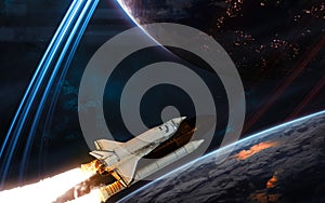 Space shuttle in orbit of distant planet. Inhabited deep space planet