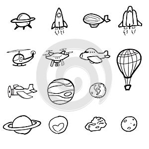 Space shuttle plane and planet cartoon drawing