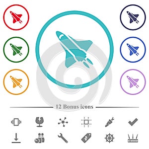 Space shuttle with propulsion flat color icons in circle shape outlines