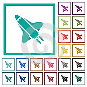 Space shuttle with propulsion flat color icons with quadrant frames