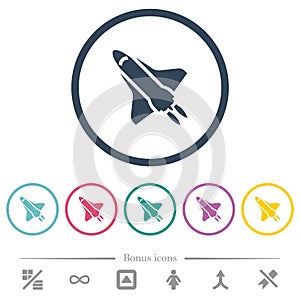 Space shuttle with propulsion flat color icons in round outlines
