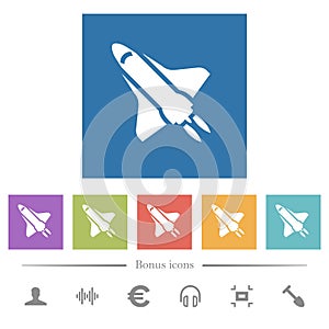Space shuttle with propulsion flat white icons in square backgrounds