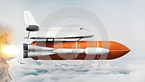 Space shuttle on the rocket moving above the clouds. 3D illustration