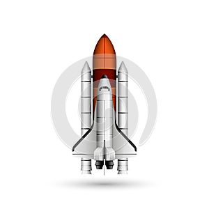 Space shuttle and rocket realistic vector 3d model mockup isolated on white, space mission spaceship getting ready to launch