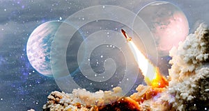 Space shuttle rockets launch into space on the starry sky. spacecraft flies into space with clouds of smoke. Concept