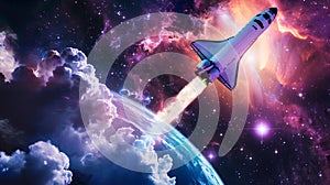 a space shuttle in space with earth