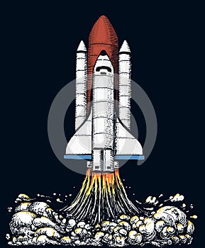 Space shuttle takes off. astronomical astronaut exploration. engraved hand drawn in old sketch, vintage style for label