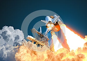 Space shuttle takes off on background of blue sky