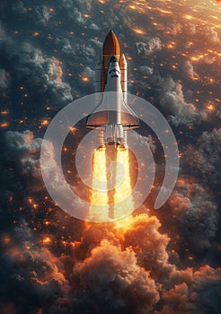 Space shuttle takes off into the night sky.