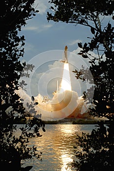 Space shuttle taking off