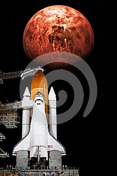 Space shuttle taking off on a mission.