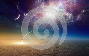 Space shuttle taking off, mission to deep outer space