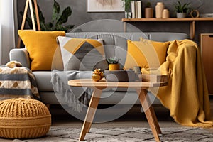 space sofa cushion yellow copy pillow grey home decor house modern interior. Generative AI.