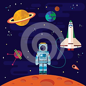 Space, spaceship, astronaut, and planets.