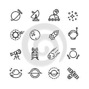 Space, spaceship, comet and astronomy vector line icons