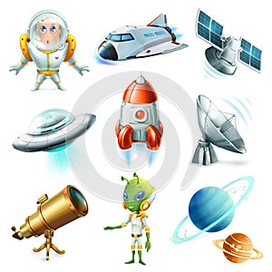 Space, spaceship, planet, spaceman, ufo and satellite. 3d vector icon set