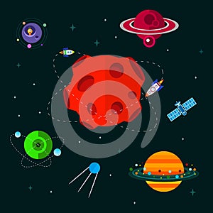 Space with spaceship, ufo and planets.