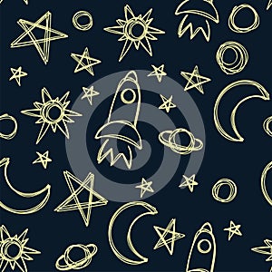 Space star, rocket and planet. Moon sketch. Seamless pattern. Hand drawn vector illustration. Marker doodle. Colored scratchboard