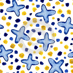 Space, starry sky and the universe. Watercolor seamless pattern on a white background. Handdrawn doodle illustration